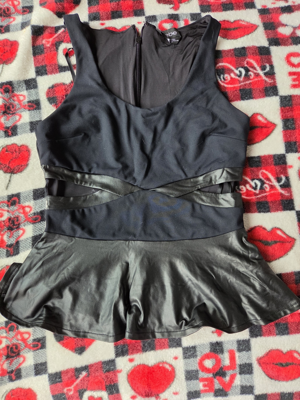 bebe Black Faux-Leather Peplum Tank Top